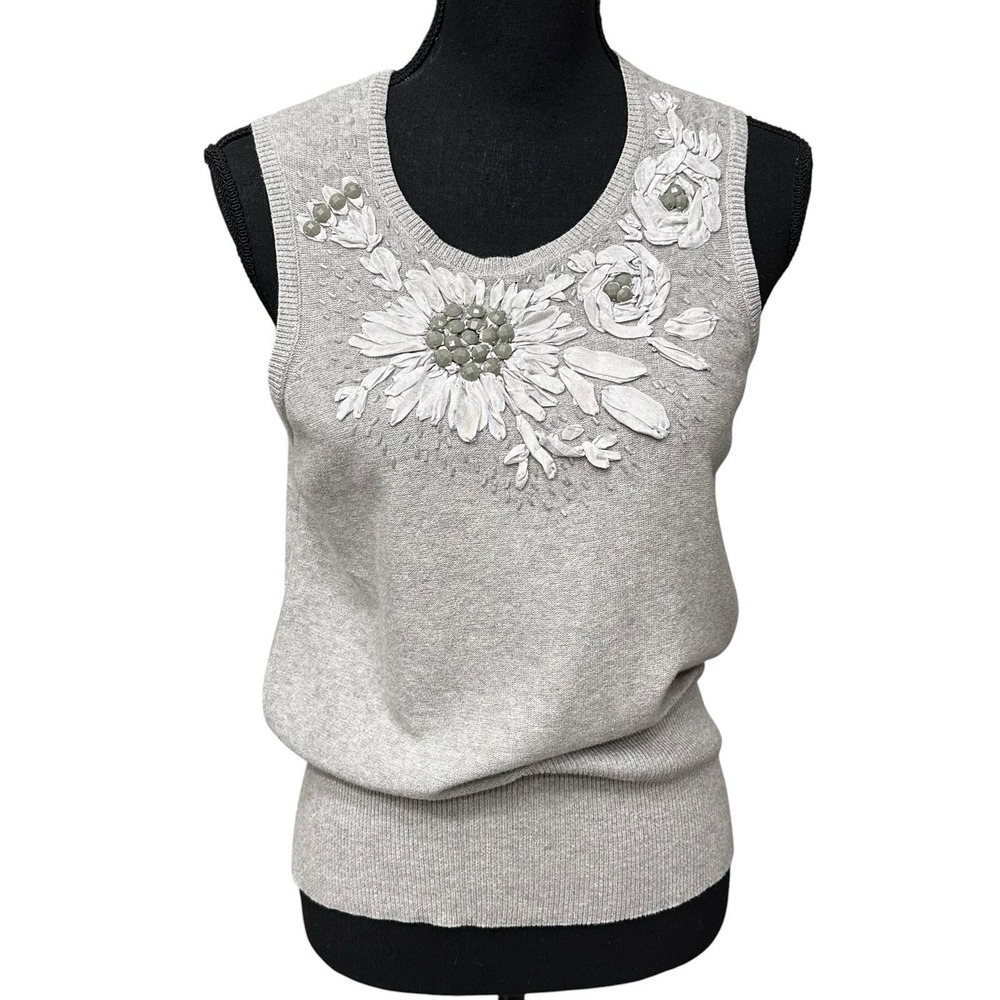 Tracy Reese Embellished Cashmere Cotton Sleeveless Sweater Top Grey Size Large